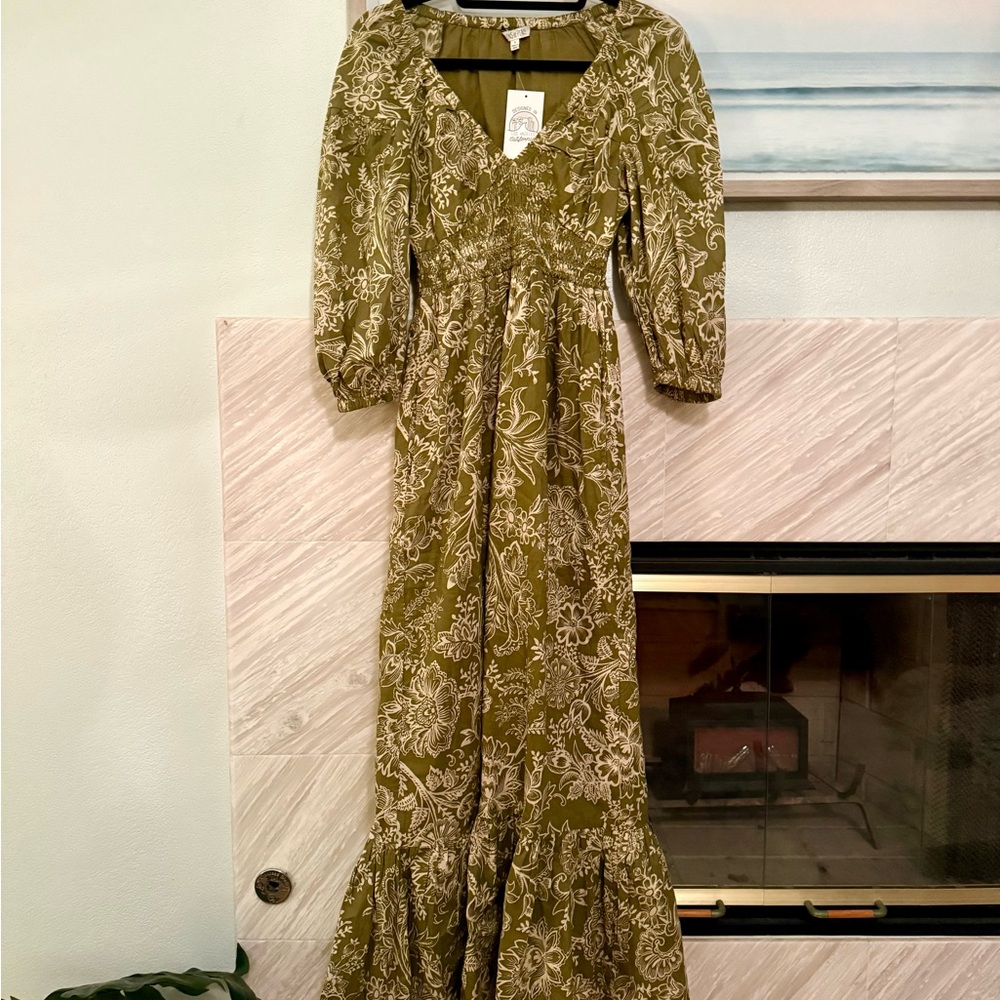 Patrons Of Peace Anthropologie Olive Floral Long Sleeve Dress NWT